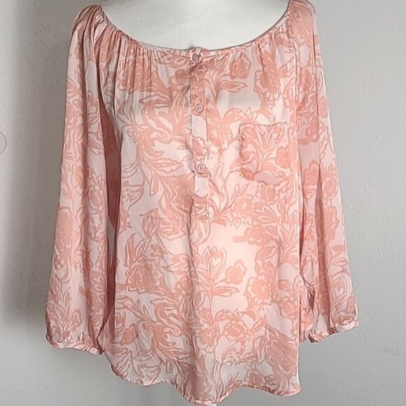 LOFT Pink & Peach Floral Blouse, Longsleeves,  Size Large - Picture 1 of 8